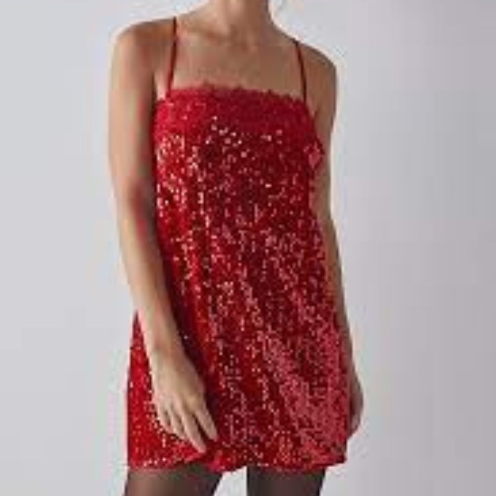 Free People That Girl Sequin Lace Slip Cocktail Party Red Dress XS NWT